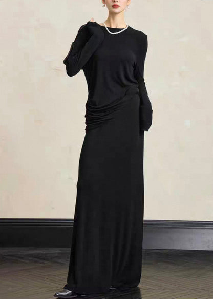 Simple Black O Neck Tops and Skirts Cotton Two Pieces Set Fall