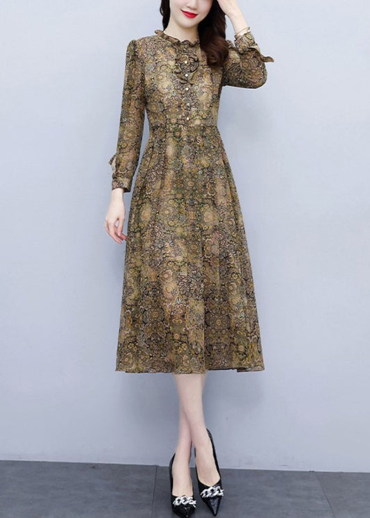 Ruffled Print High Waist Chiffon Dress Long Sleeve Fall