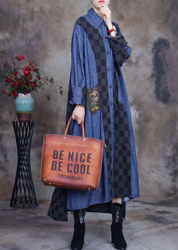 Denim Blue Patchwork Plaid Asymmetrical Design Fall Coats
