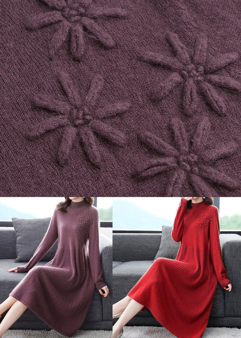 Yellow Patchwork Woolen Dress Embroideried Turtleneck Fall