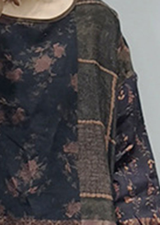 Chocolate O-neck Side Open Print Patchwork Linen Tops Long Sleeve Spring