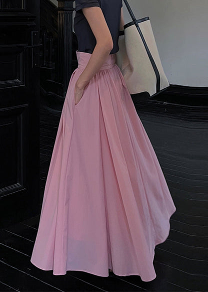 Brief Pink Wrinkled High Waist Pockets a Line Cotton Skirts Summer