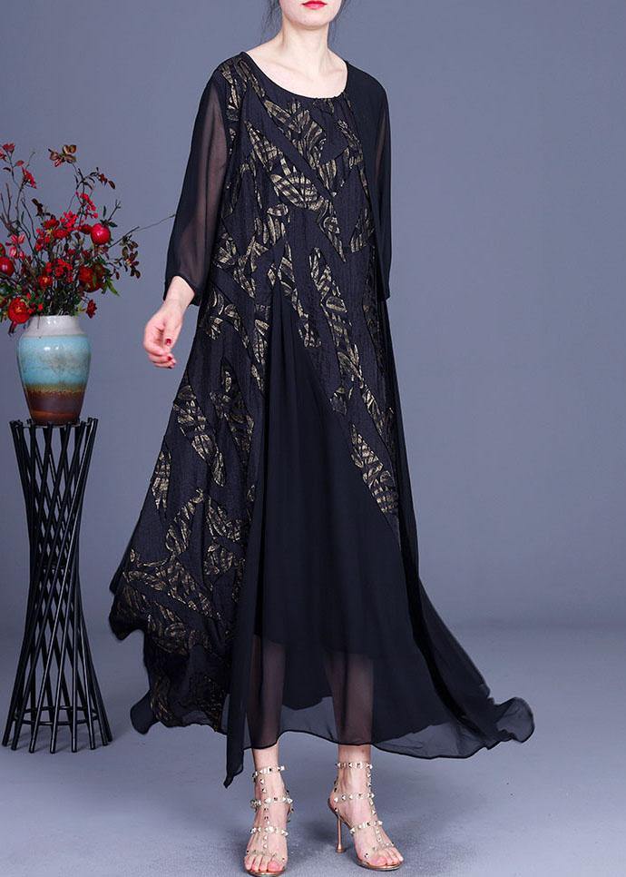 Modern Black Patchwork Asymmetrical Summer Silk Long Dress