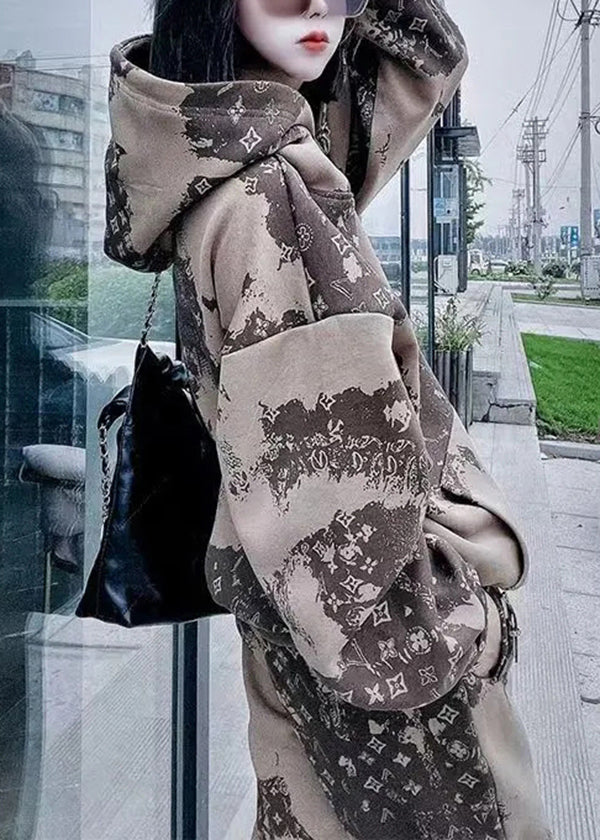Khaki Hooded Print Warm Fleece Two Pieces Set Winter