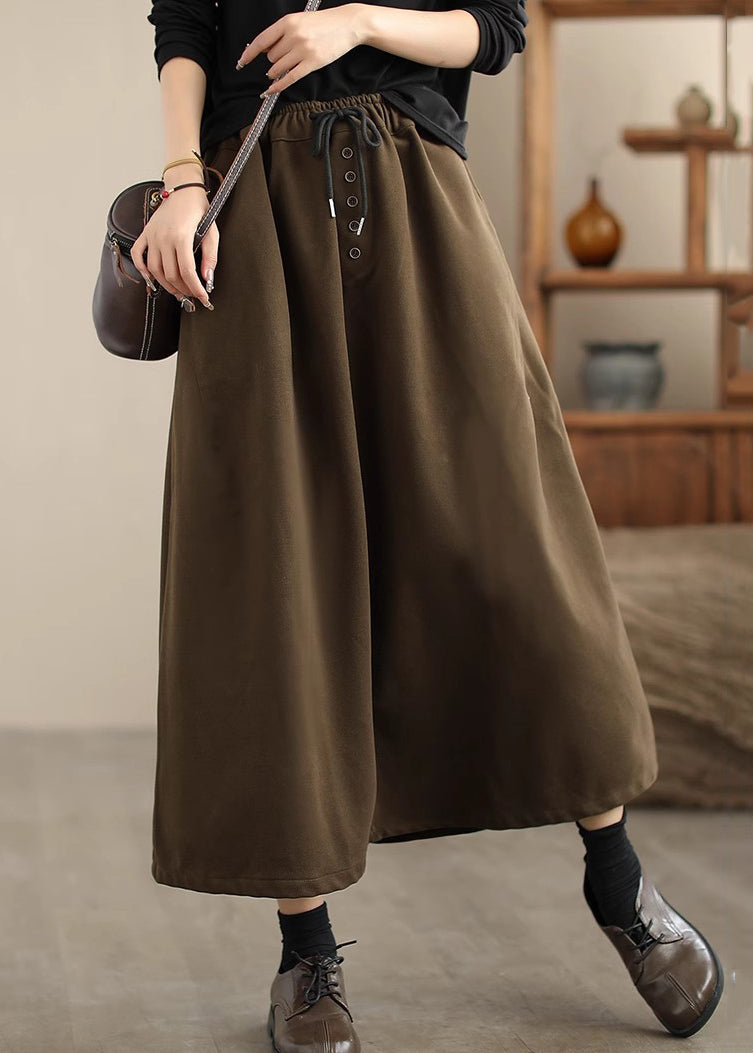 Chocolate Woolen a Line Skirts Elastic Waist Drawstring Spring