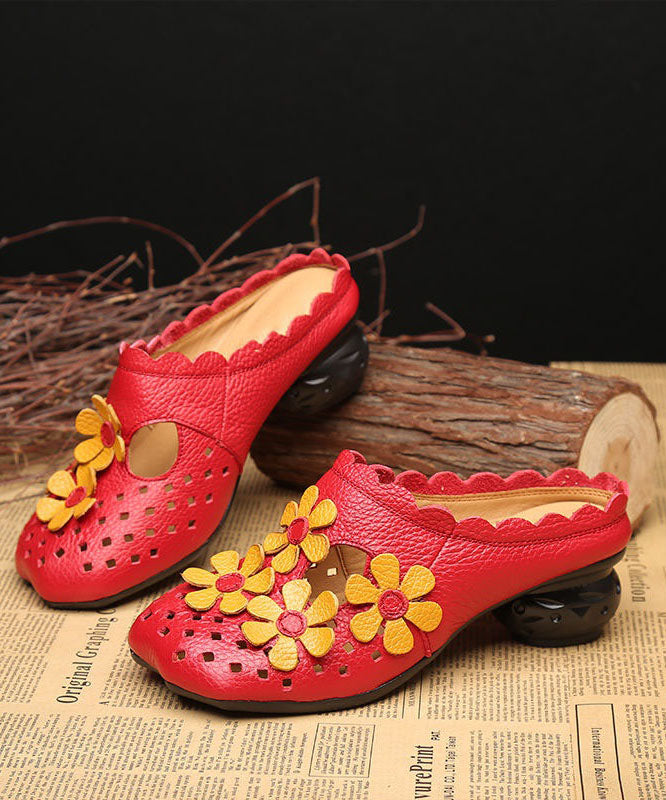 Splicing Red Cowhide Leather Slide Sandals