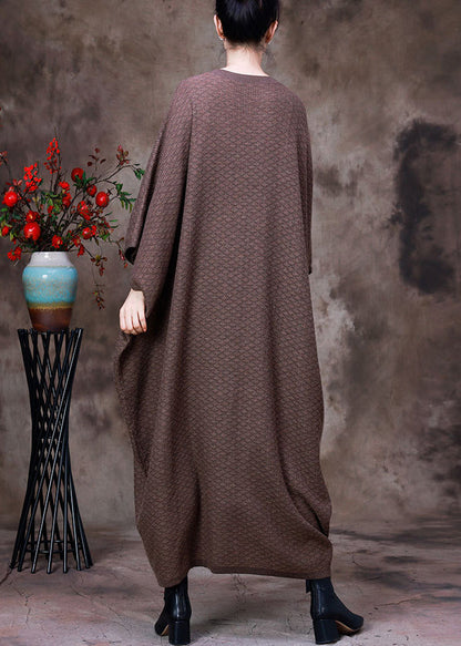 Light Chocolate O-neck Button Pockets Cashmere Maxi Dress Long Sleeve