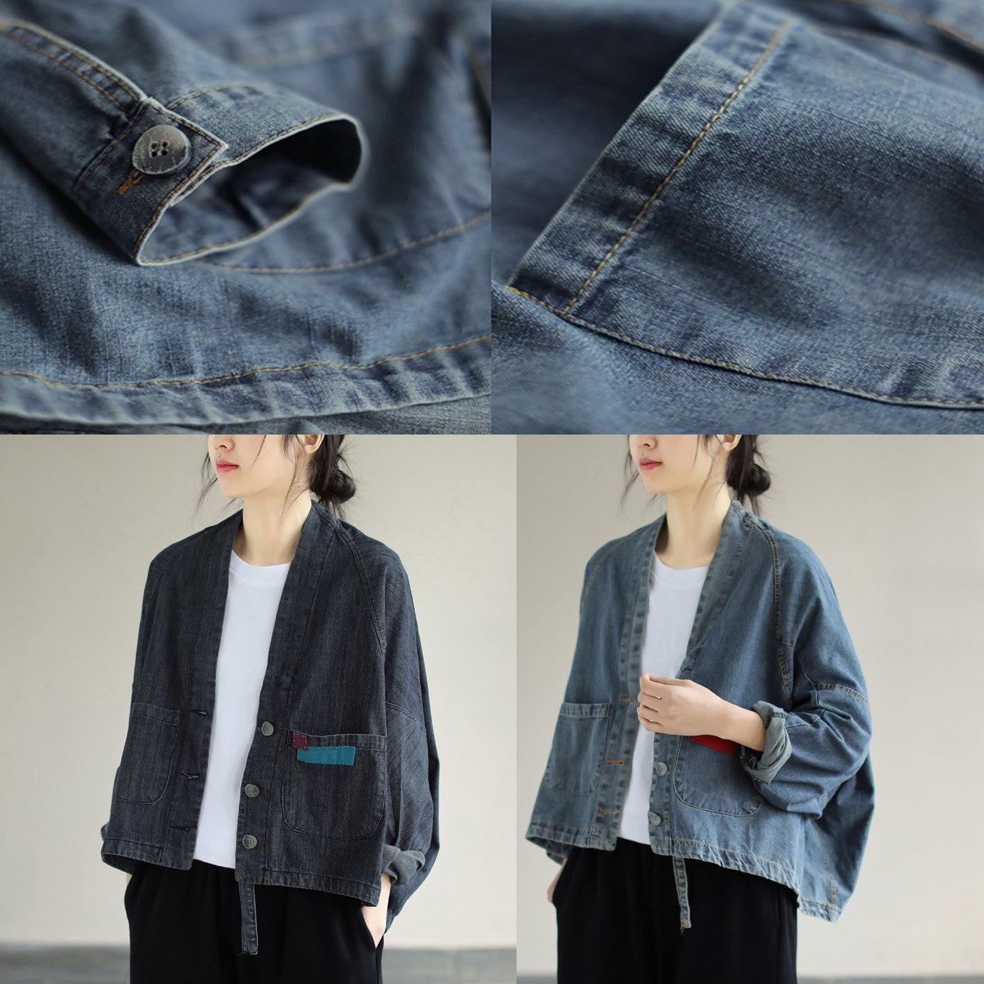 Denim Black Coats V Neck Button Down Spring Coats