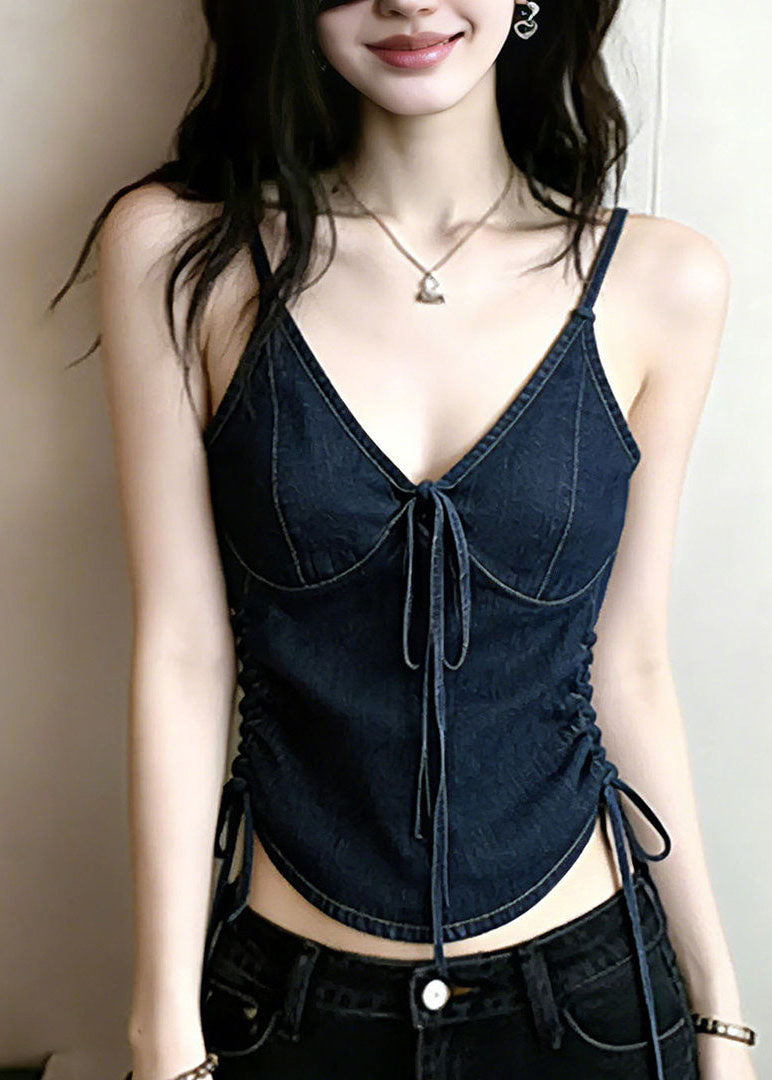 Stylish Navy V Neck Drawstring Denim Top Summer