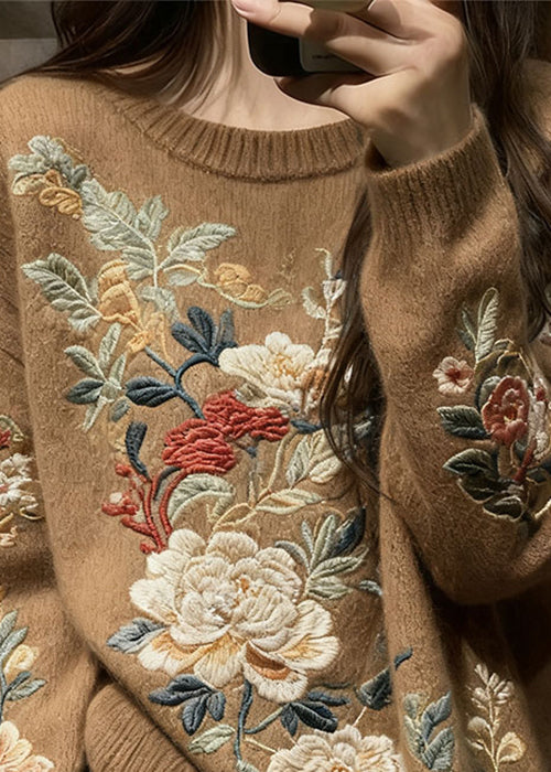 Brown Cozy Knit Knit Sweaters O Neck Fall