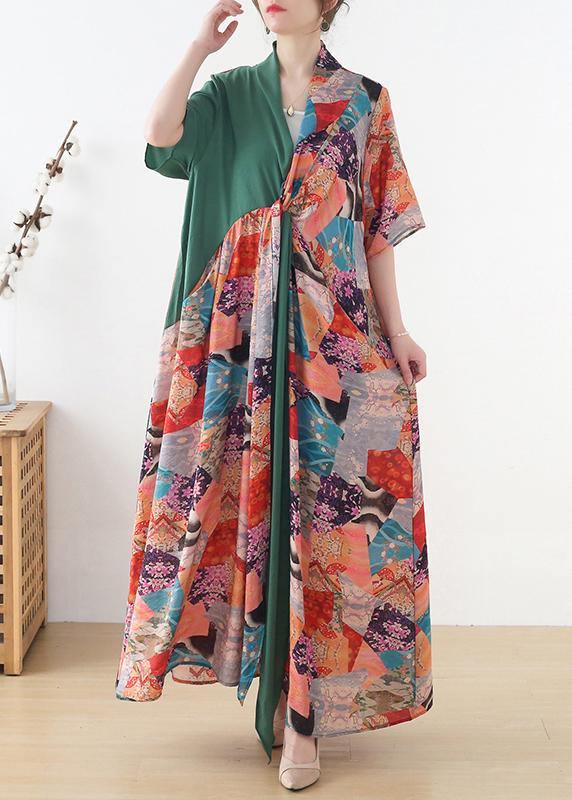 Green Patchwork Print Vacation Summer Chiffon Dress