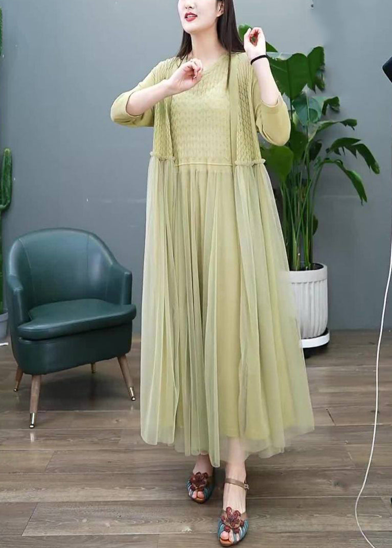 Organic Green Hollow Out O-neck Tulle Patchwork Long Dress Two Pieces Set Long Sleeve