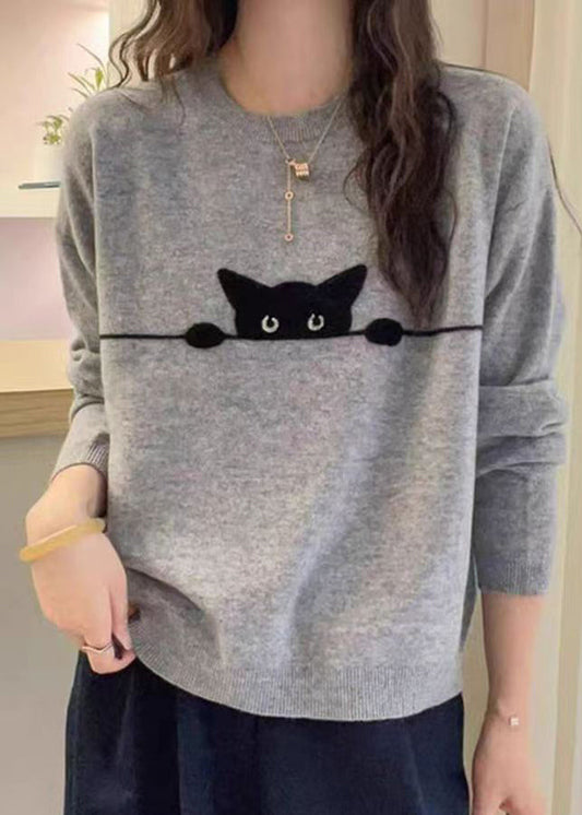 Grey O-neck Embroidered Cotton Knit Sweater Spring