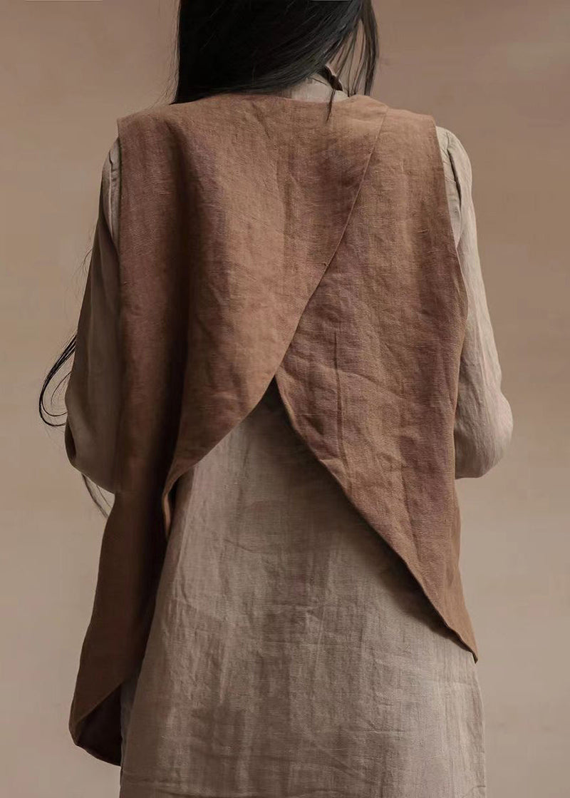 Brown V Neck Asymmetrical Design Patchwork Linen Waistcoat Top Sleeveless