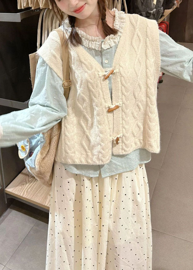 Beige V Neck Knit Waistcoat Shirts and Skirt Tress Piece Set Fall
