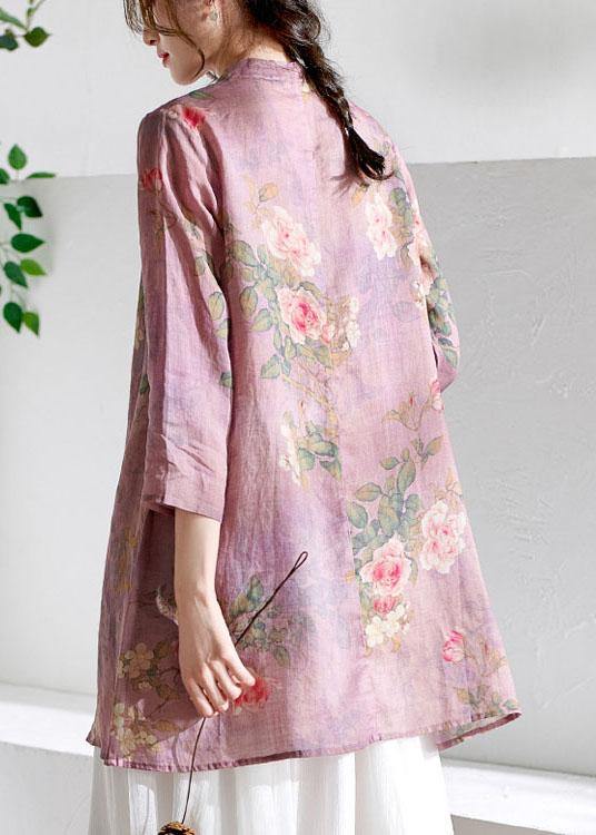 Light Purple Print Tie Waist Asymmetrical Design Spring Summer Ramie Shirt