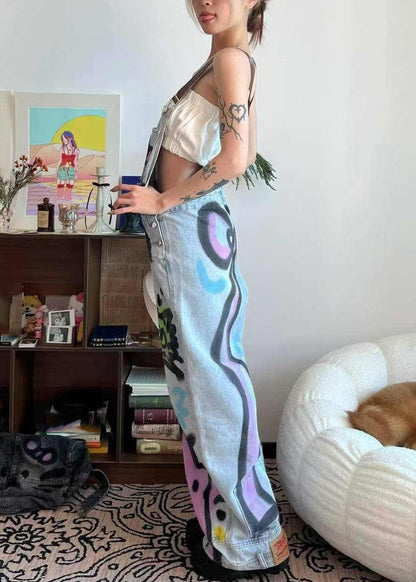 Loose Blue Patchwork Tie Dye Little Cats Pockets Denim Jumpsuit Summer