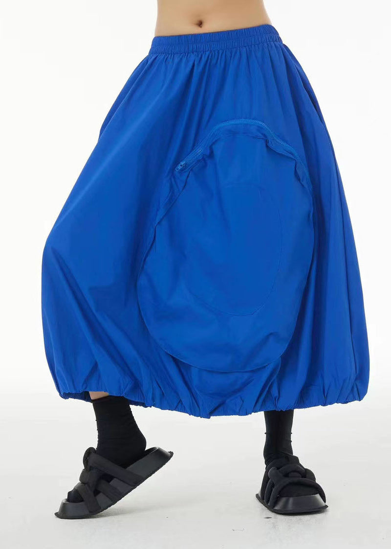 Blue Patchwork Cotton a Line Skirts Zip Up Pockets Summer