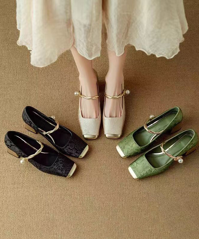 Chinese Retro Gold Chunky Heel Print Buckle Strap Loafers