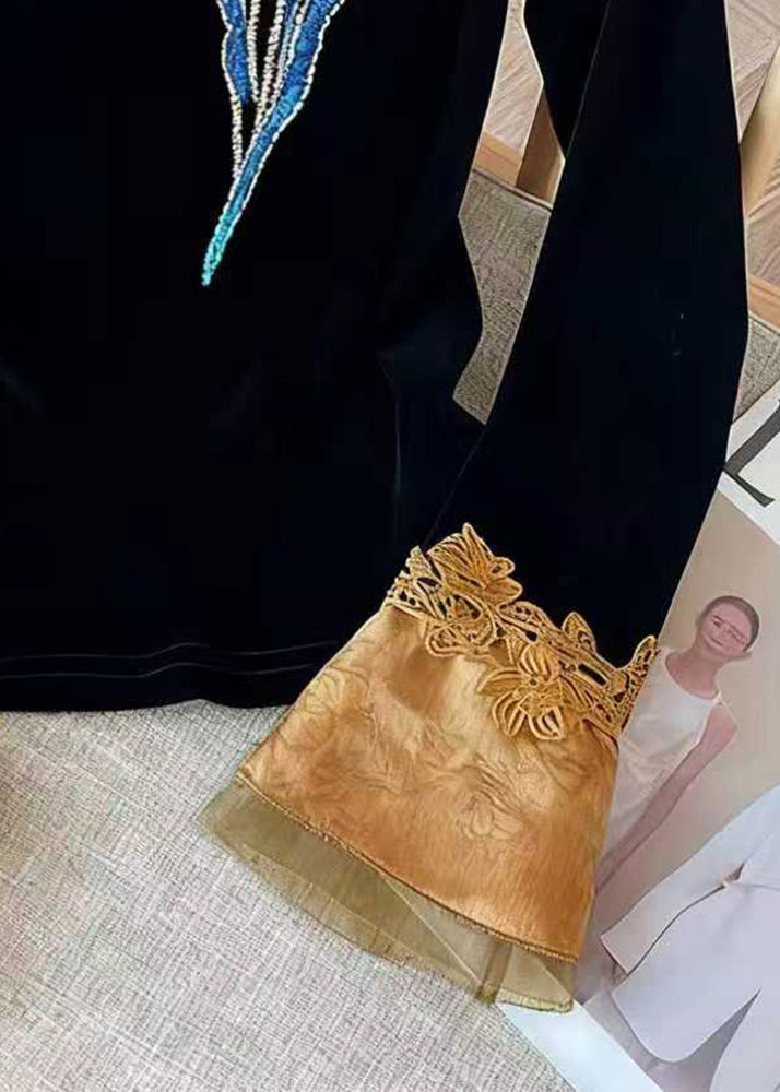 Black Embroidered Silk Velour Blouses Flare Sleeve
