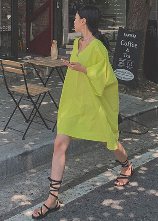 Green V Neck Linen Mid Dresses Half Sleeve