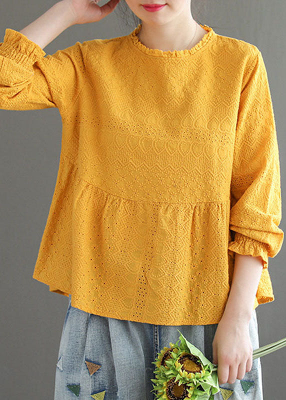 Handmade Pink O-neck Patchwork Jacquard Fall Top Long Sleeve