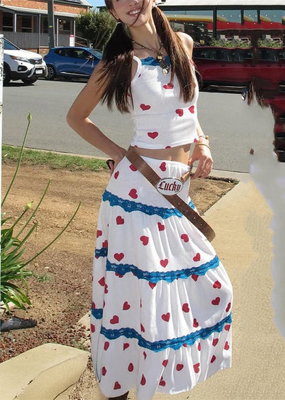 White Print Vest and Maxi Skirts Two Pieces Set Summer