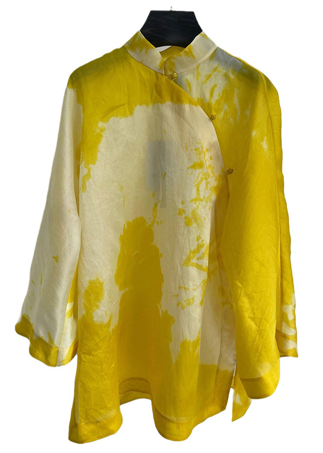 Yellow Stand Collar Button Cotton Shirt Long Sleeve