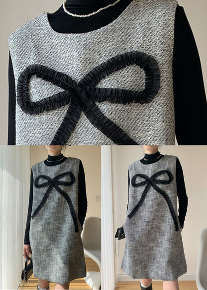 French Dark Gray Bow Dress and Black Tops Cotton Two Piece Set Winter
