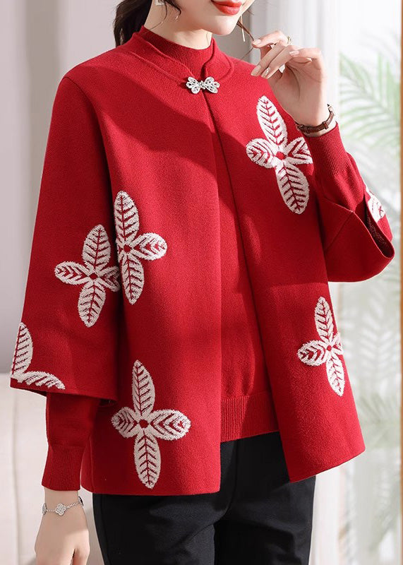 Red Print Knit Cardigans and Sweaters Two Pieces Set Fall