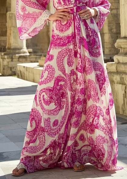 Rose Print Exra Large Hem Chiffon Vacation Dresses Spring