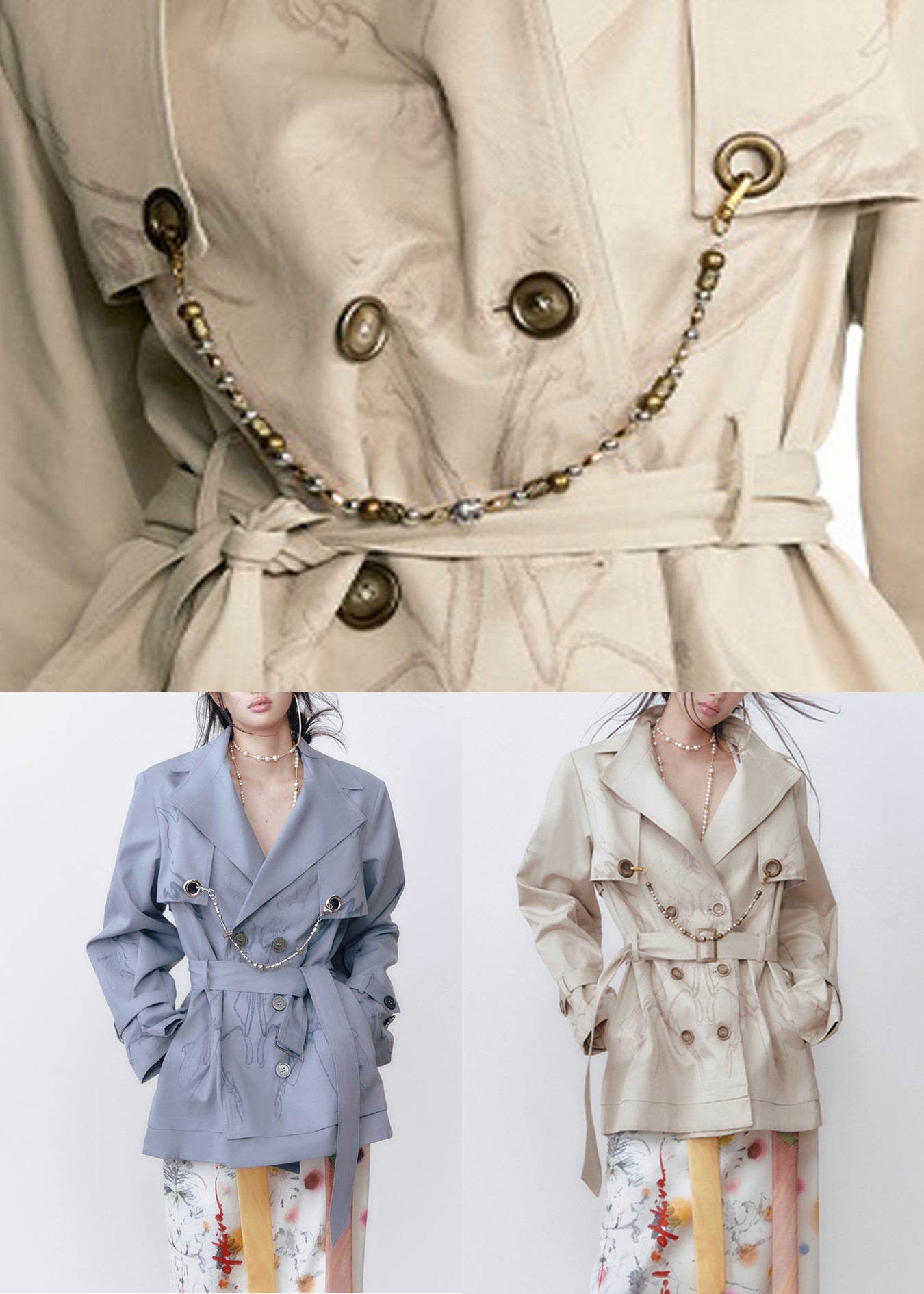 Loose Beige Print Double Breast Cotton Trench Coat Fall