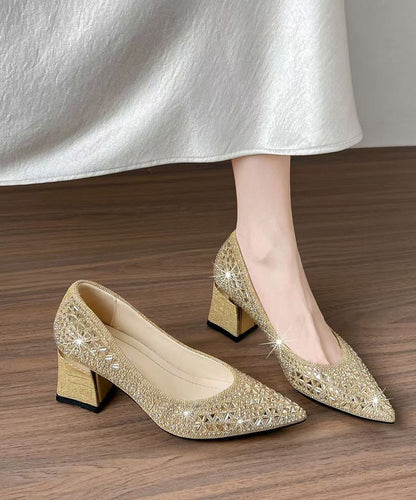Champagne Sparkly High Heels Chunky Faux Leather Hollow Out High Heels