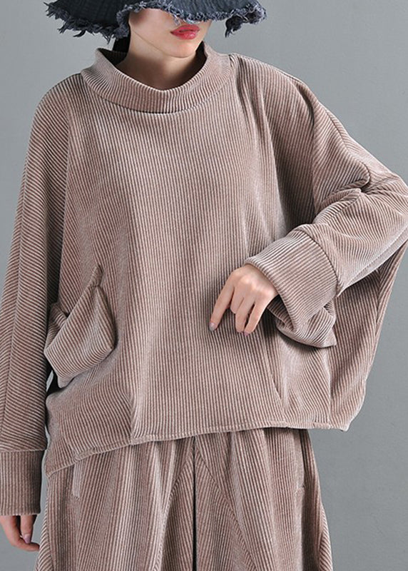 Grey Camel Turtleneck Pockets Velour Top Long Sleeve