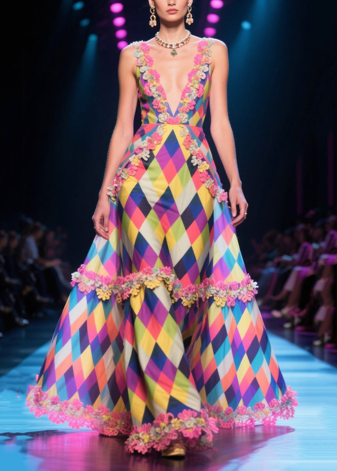 Diy Multicolour Plaid Patchwork Lace Chiffon Long Dress Summer