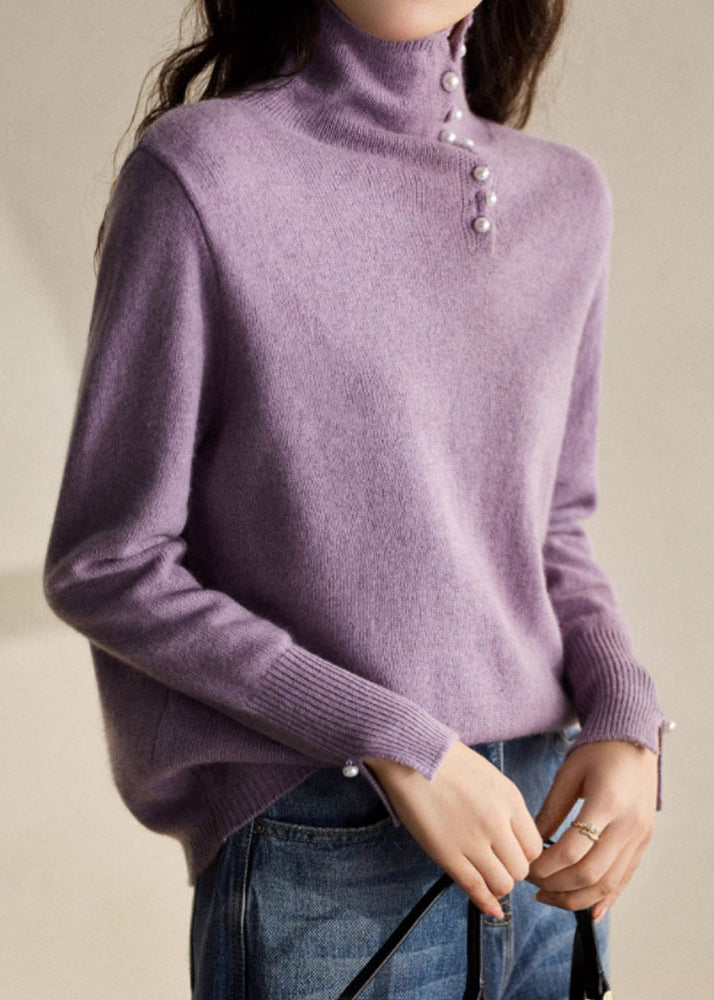 Blue Turtleneck Pearl Patchwork Cozy Cotton Knit Sweater Spring
