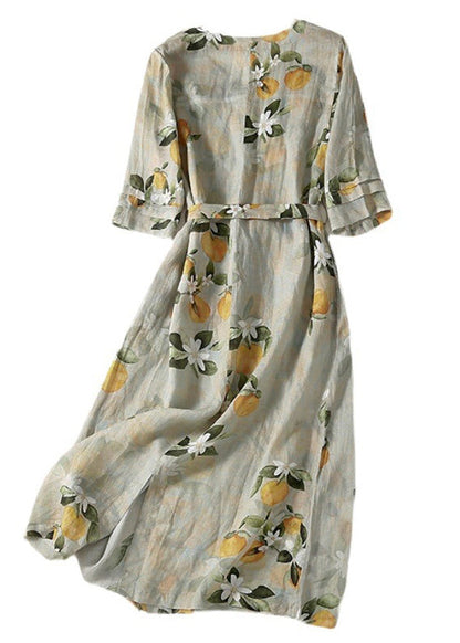 Light Green V Neck Print Lace Up Linen Long Dresses Summer