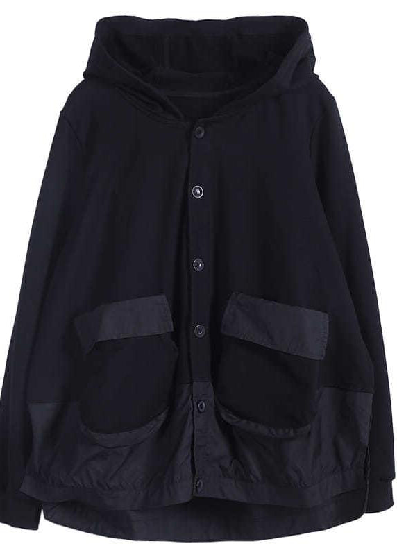 Black O-neck Patchwork Pockets Button Hooded Coat Long Sleeve
