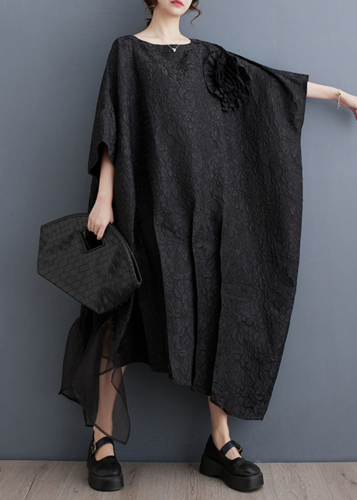Black Tulle Patchwork Maxi Asymmetrical Dress Batwing Sleeve