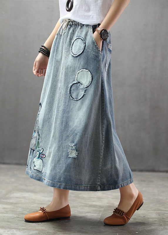 Light Blue Elastic Waist Patchwork Cartoon Embroideried Tulle Denim Skirts Spring