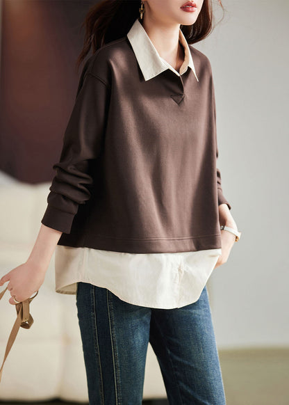 Coffee Peter Pan Collar Patchwork Fake Two Pieces Pullover Long Sleeve