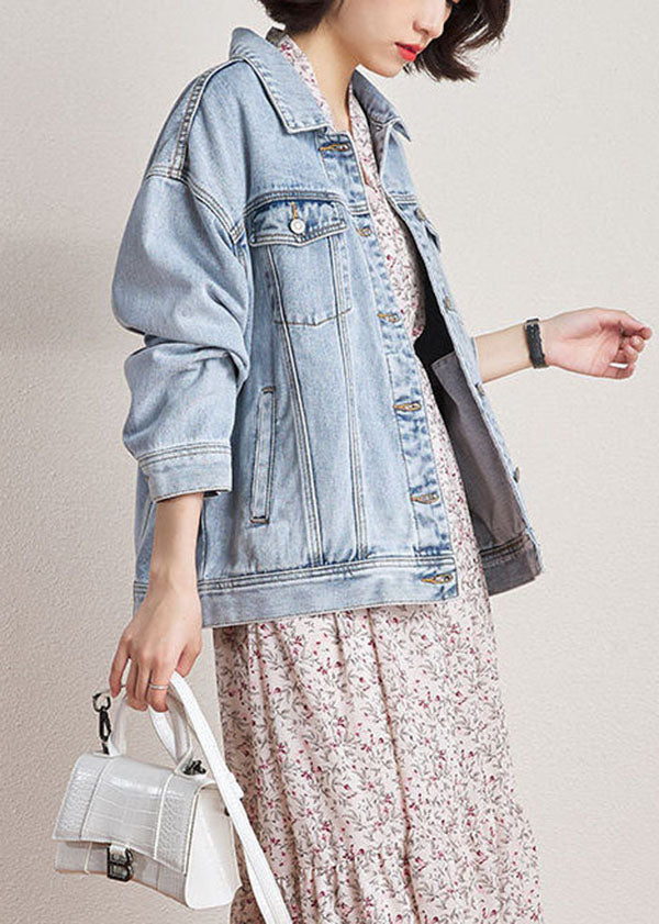 Light Blue Peter Pan Collar Oversized Pockets Denim Coats Spring