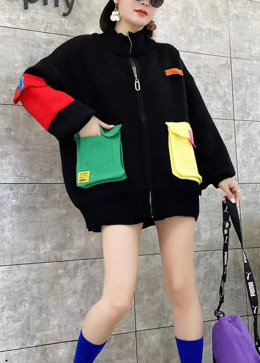 Black Zip Up Pockets Patchwork Knit Cardigans Spring