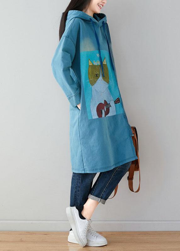 Blue Hooded Pockets Patchwork Asymmetrical Design Print Fall Pullover Sweatshirt