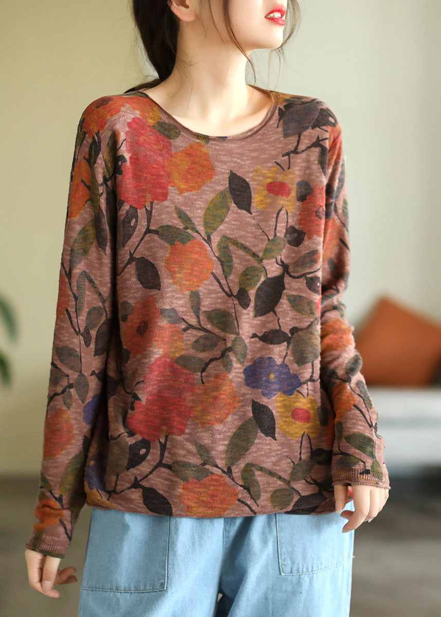 Beige O-neck Print Knit Tops Fall