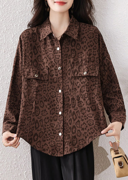 Coffee Leopard Pockets Cotton Shirts Fall