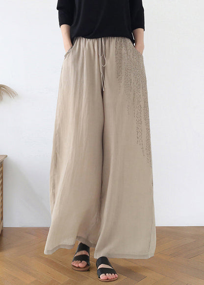 Apricot Embroideried Pockets Linen Wide Leg Pants Fall