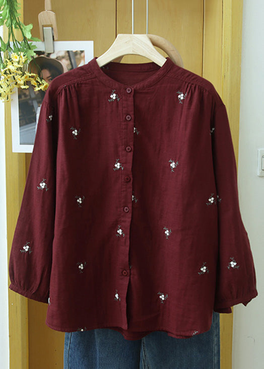 Orange Embroideried Button Cotton Blouse Long Sleeve