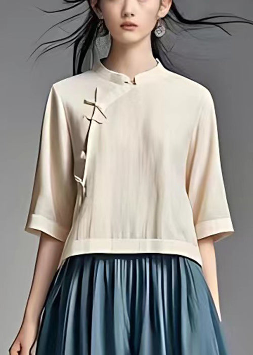 New Beige Tops and Blue Skirts Cotton Two Piece Set Half Sleeve