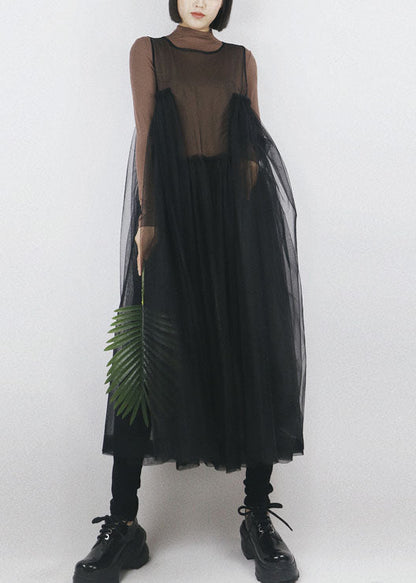 Black Ruffled Patchwork Tulle Vacation Dresses Sleeveless